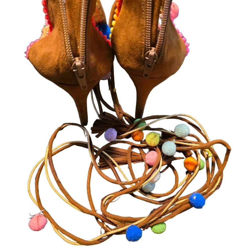 Anne Michelle Colorful Pom Pom Size 9 Embellished Tie-Up‎ Heels - Picture 8 of 10